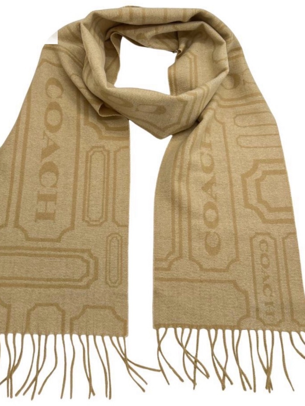 EUC Coach Cream & Beige Wool Cashmere Jacquard Logo Scarf & Glove Set